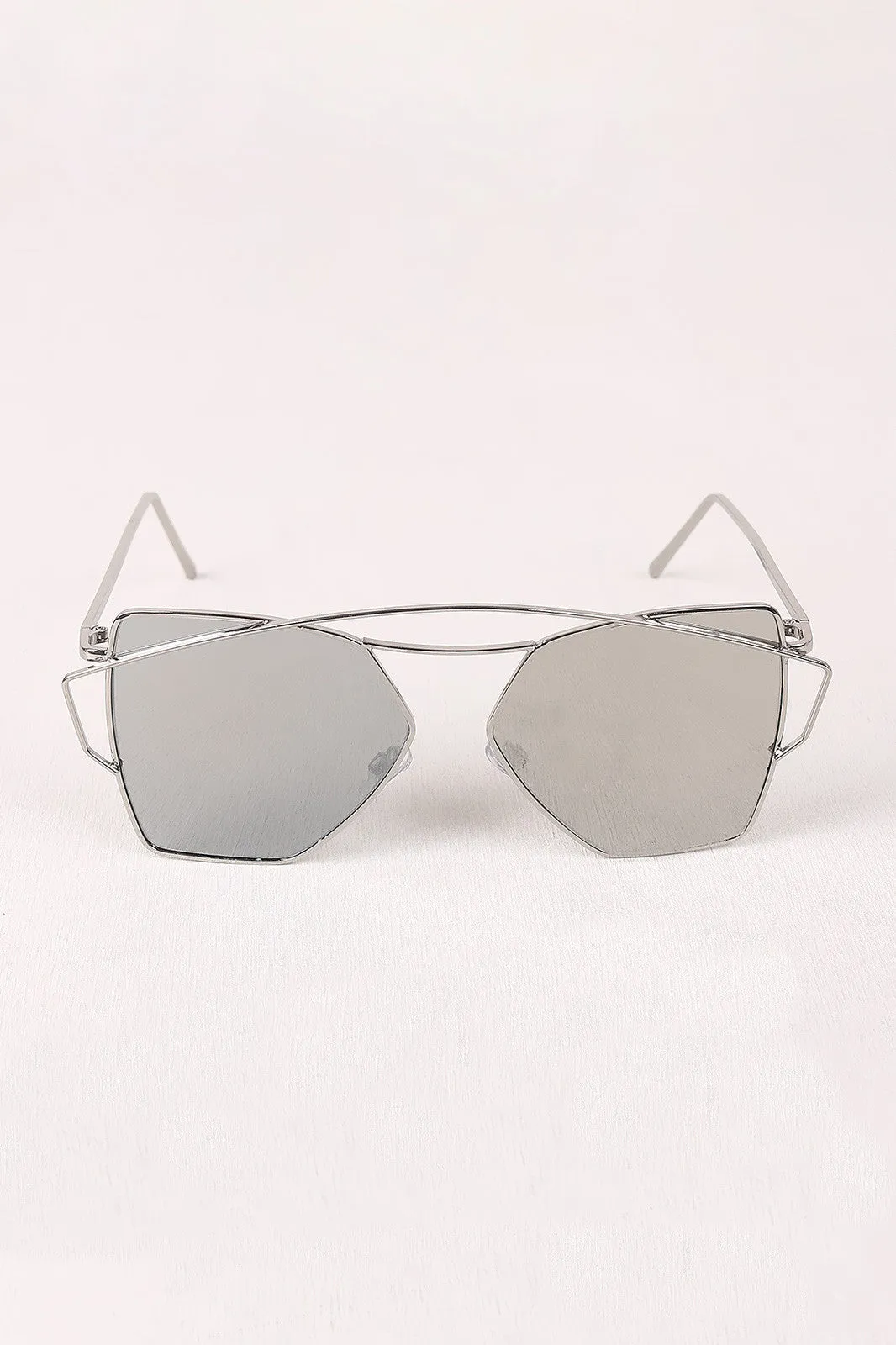 Geometric-Shape Mirrored Lens Double Brow Wire Frame Sunglasses