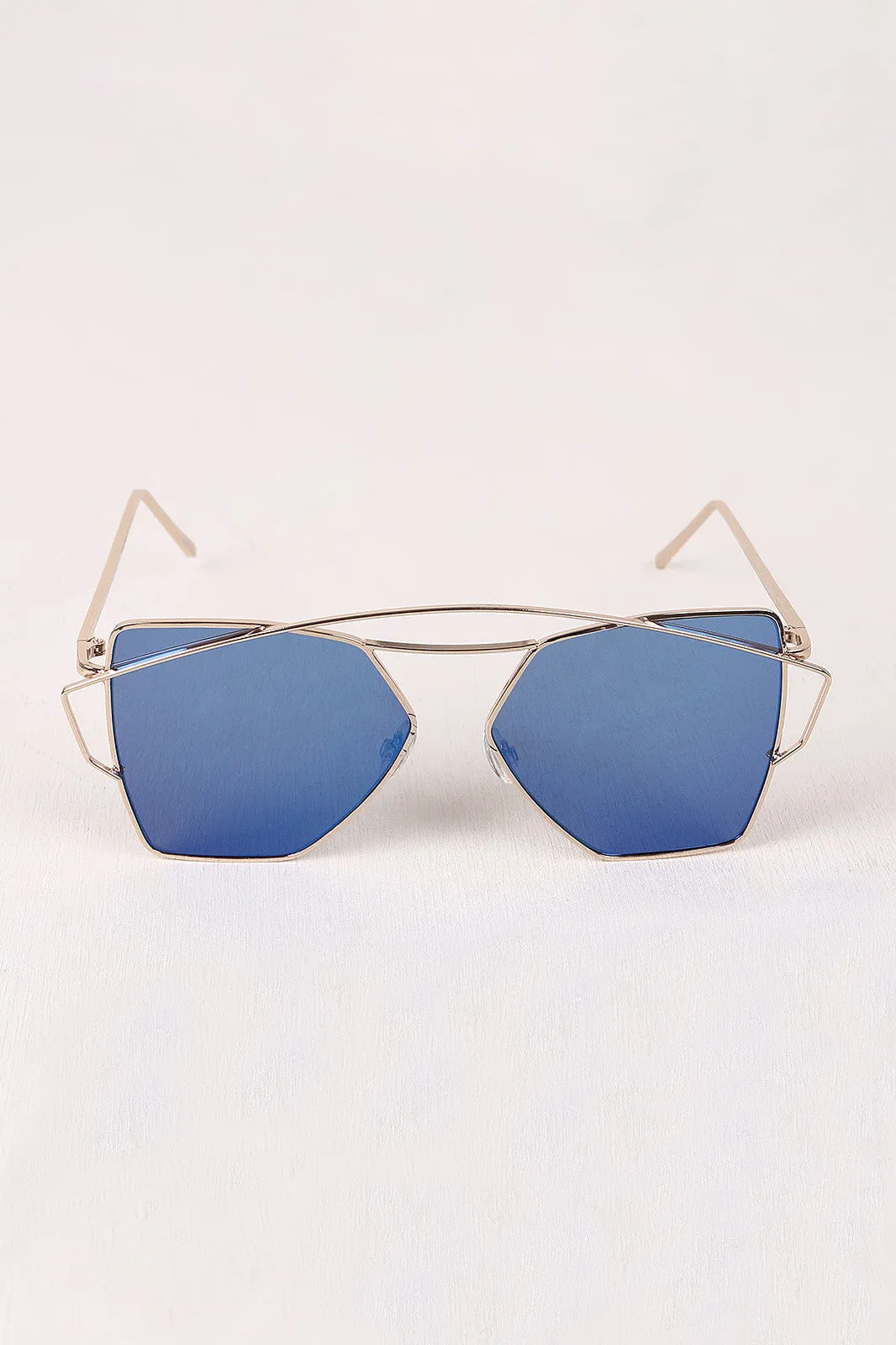Geometric-Shape Mirrored Lens Double Brow Wire Frame Sunglasses