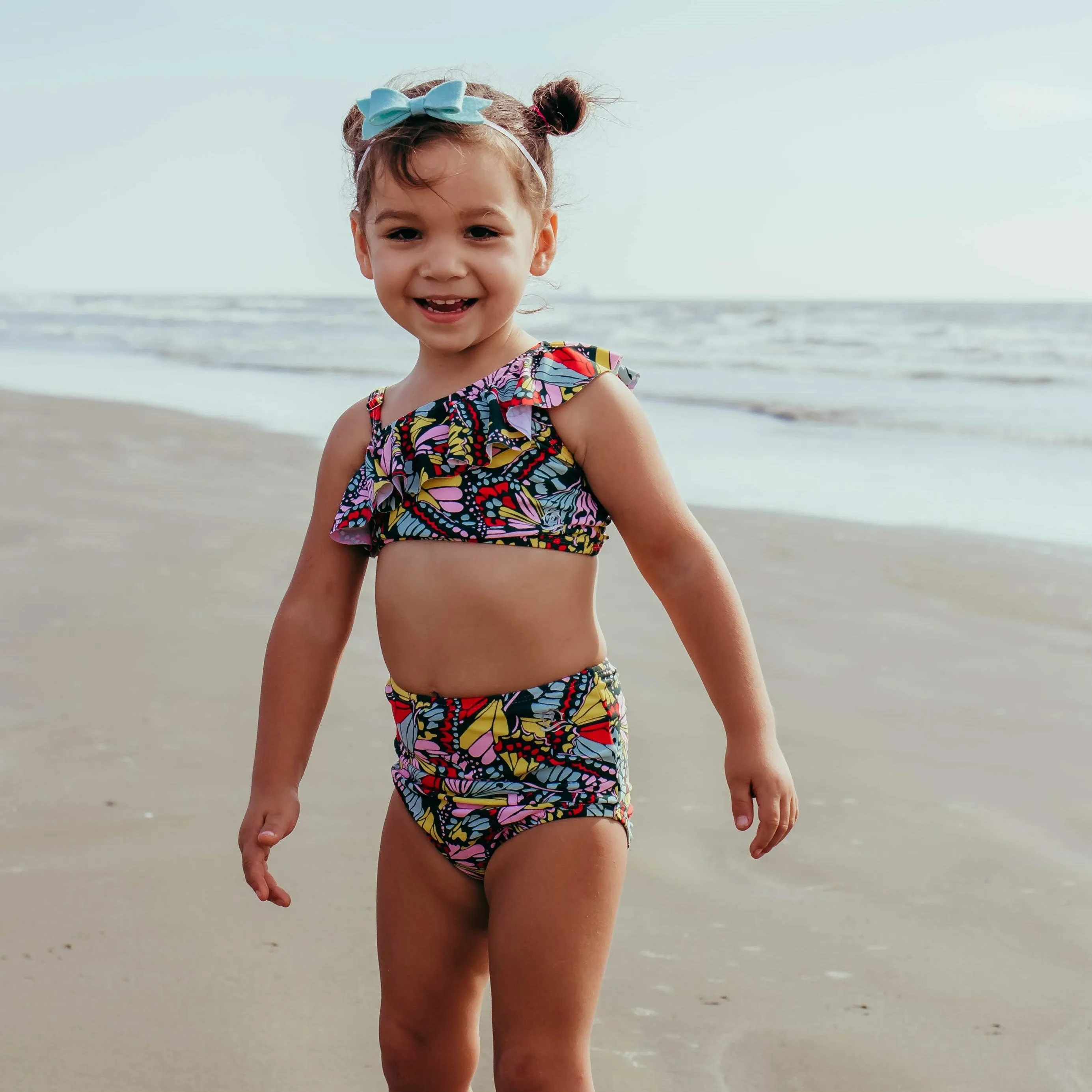 Girls Bikini One-Shoulder   High Waist Bottom Swimsuit Set (2 Piece) - "Butterfly Love"
