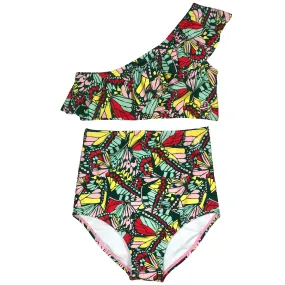 Girls Bikini One-Shoulder   High Waist Bottom Swimsuit Set (2 Piece) - "Butterfly Love"