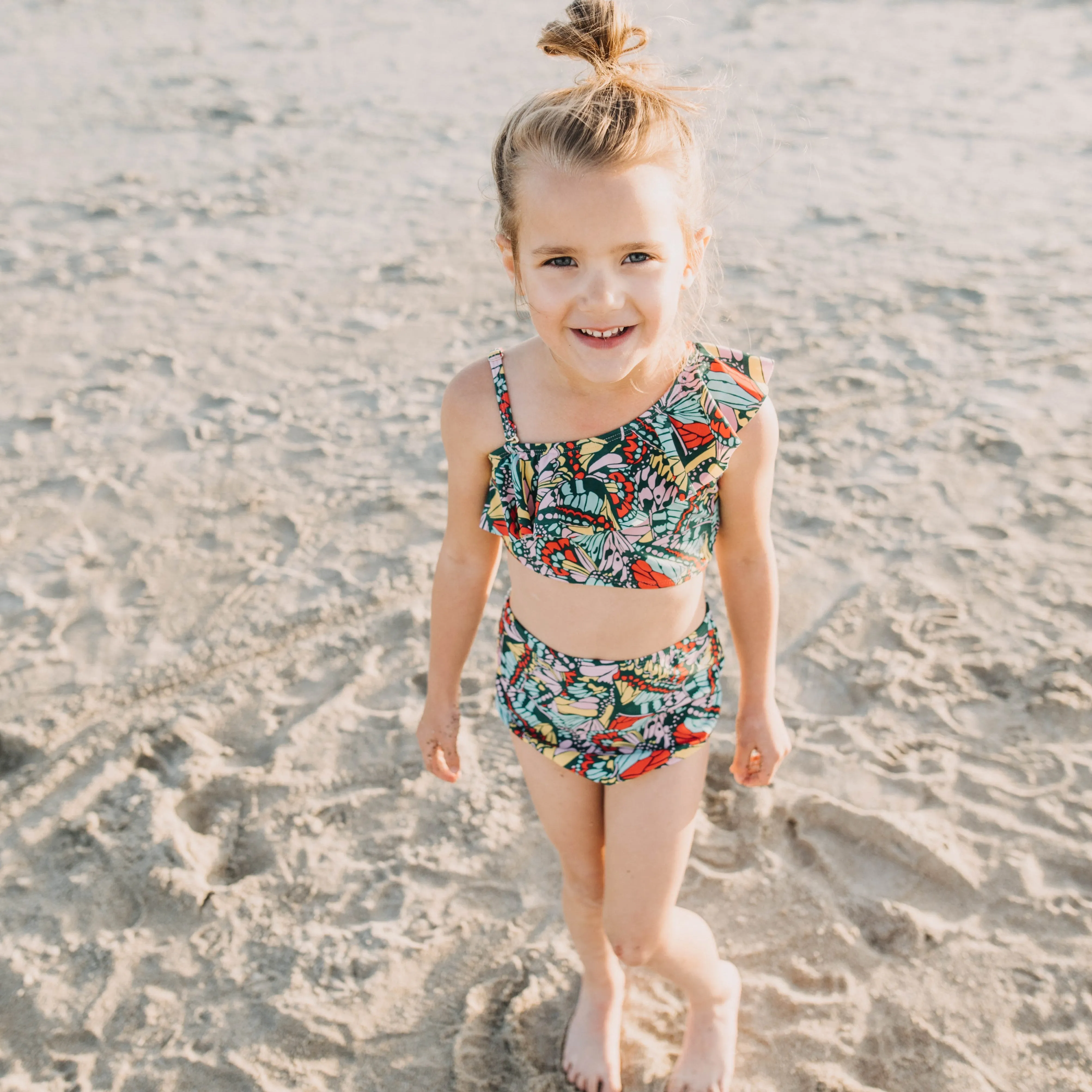 Girls Bikini One-Shoulder   High Waist Bottom Swimsuit Set (2 Piece) - "Butterfly Love"