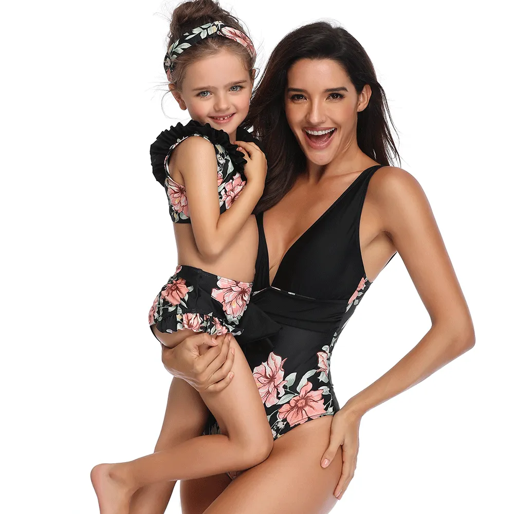 Glamorous Cutout V-neck Print One Piece Mommy and Me Swimsuits