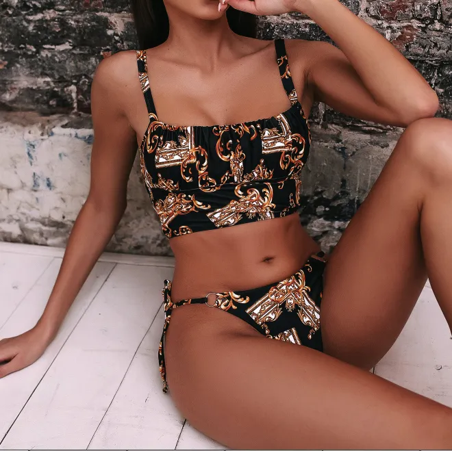 Hot Print Strappy Mid Rise Thong Bottom Bikinis
