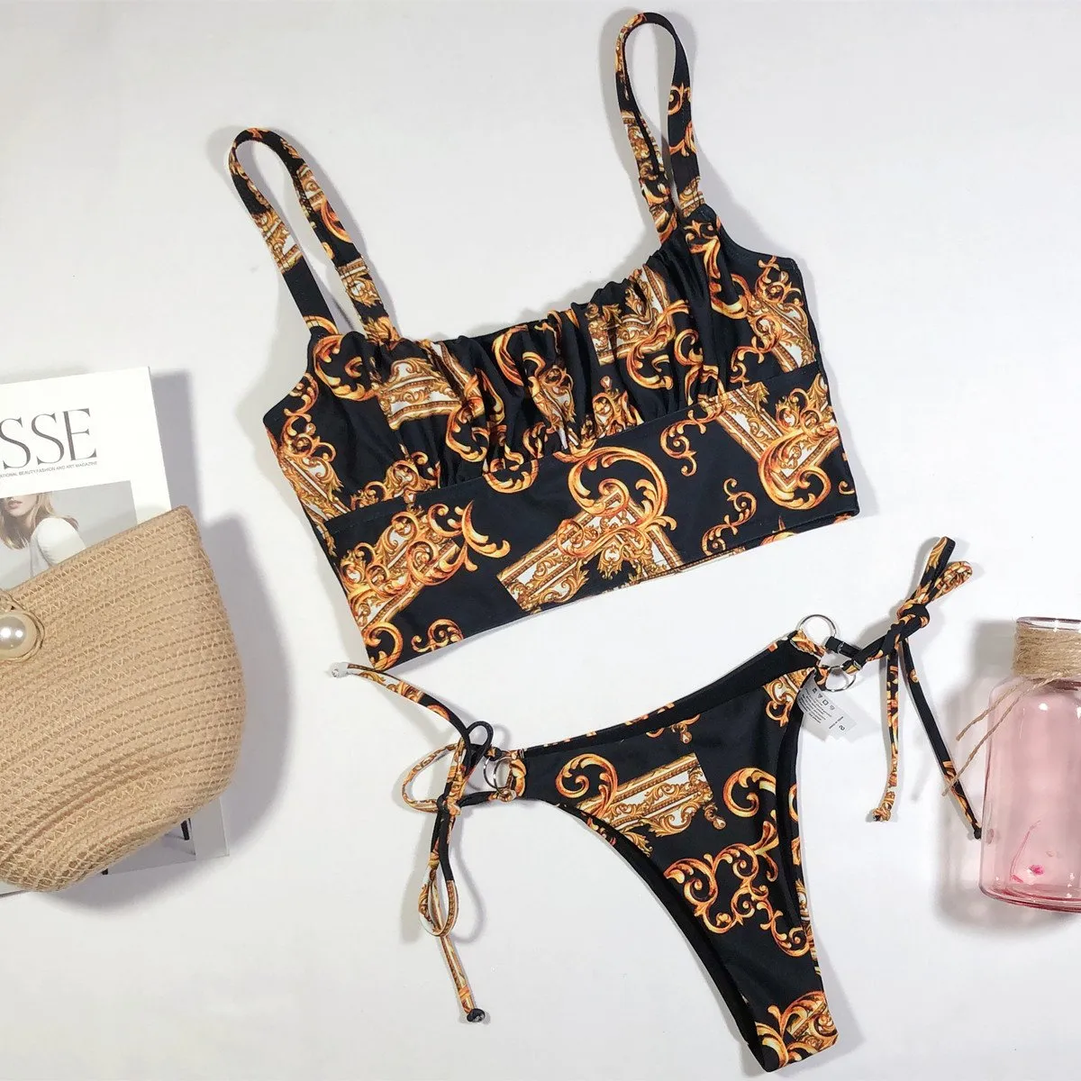 Hot Print Strappy Mid Rise Thong Bottom Bikinis