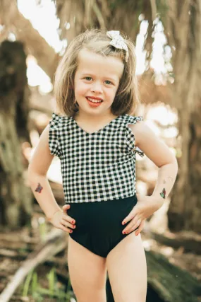 Kids B&W Gingham Ruffle Sleeve One Piece