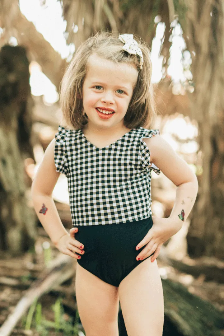 Kids B&W Gingham Ruffle Sleeve One Piece