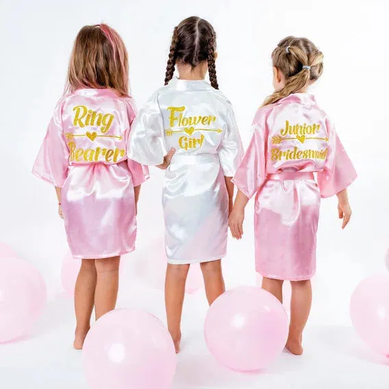 Kids Satin robes for Junior Bridesmaids, mini Bride and FLower Girls - Script Glitter arrow and heart