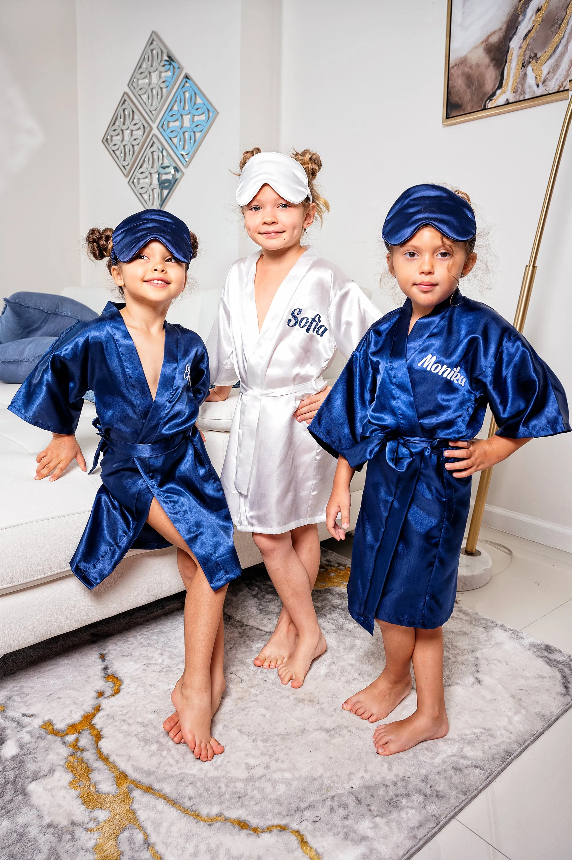 Kids Satin robes for Junior Bridesmaids, mini Bride and FLower Girls - Script Glitter arrow and heart