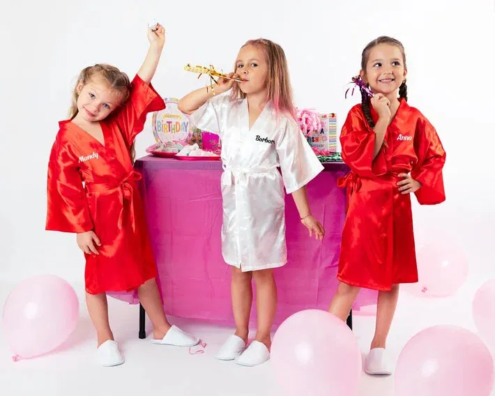 Kids Satin robes for Junior Bridesmaids, mini Bride and FLower Girls - Script Glitter arrow and heart