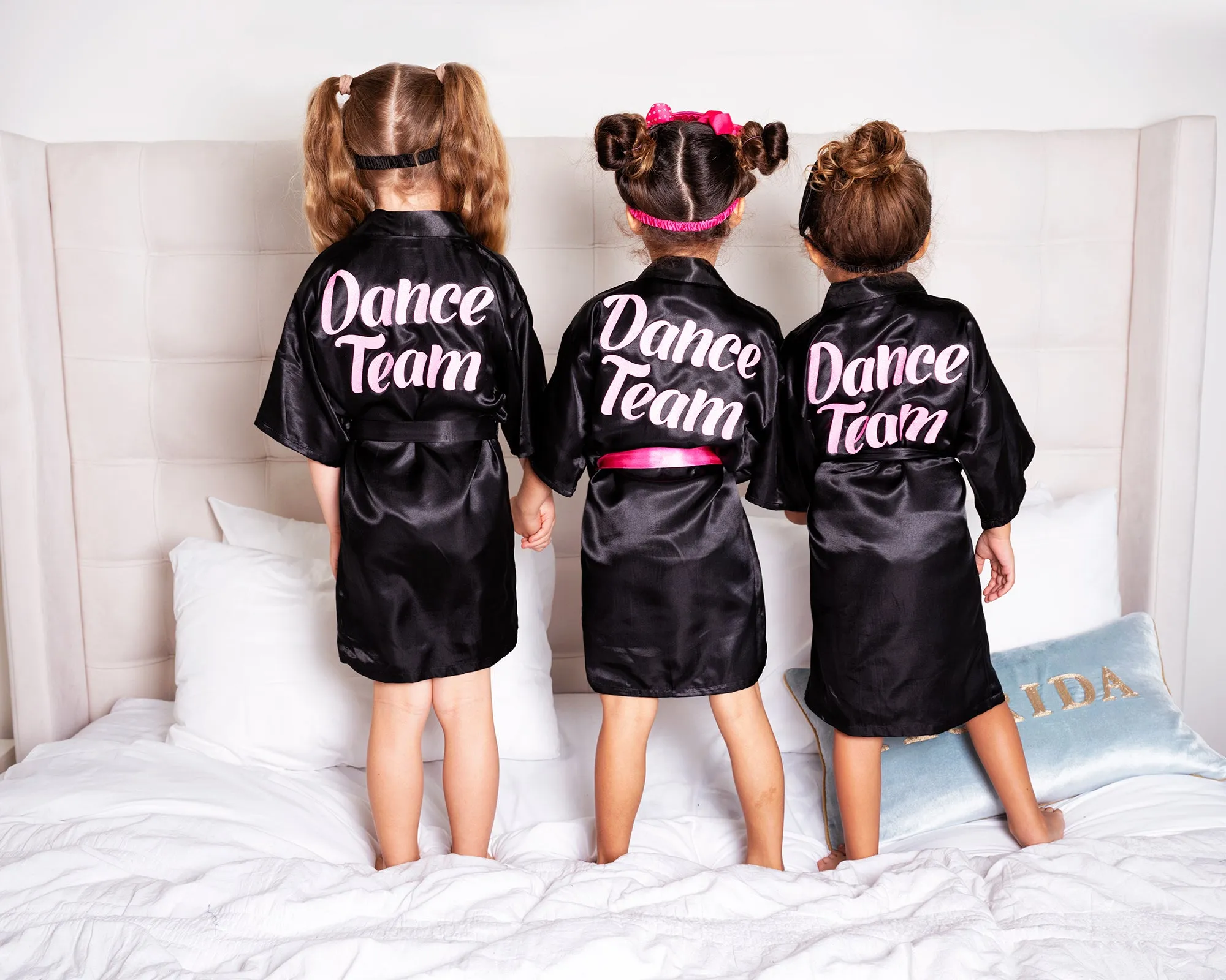 Kids Satin robes for Junior Bridesmaids, mini Bride and FLower Girls - Script Glitter arrow and heart