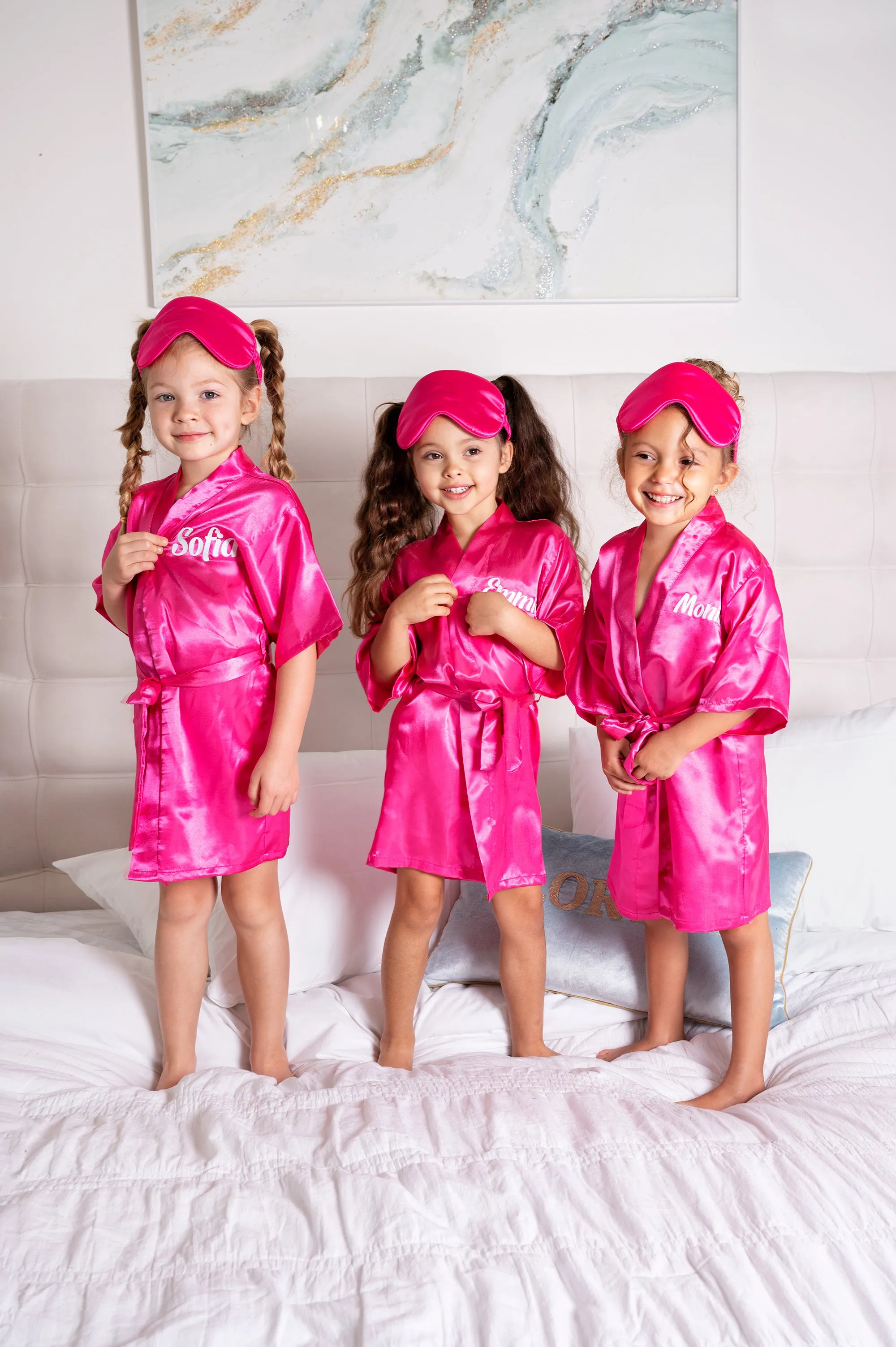 Kids Satin robes for Junior Bridesmaids, mini Bride and FLower Girls - Script Glitter arrow and heart