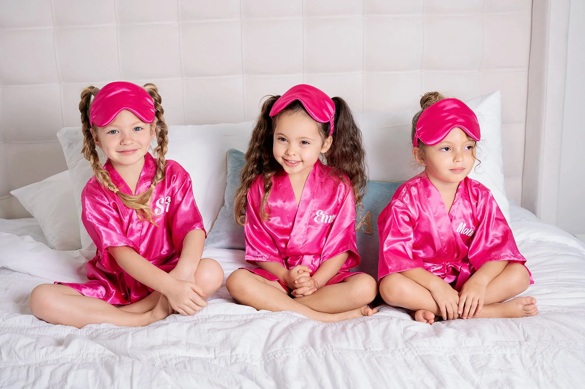 Kids Satin robes for Junior Bridesmaids, mini Bride and FLower Girls - Script Glitter arrow and heart