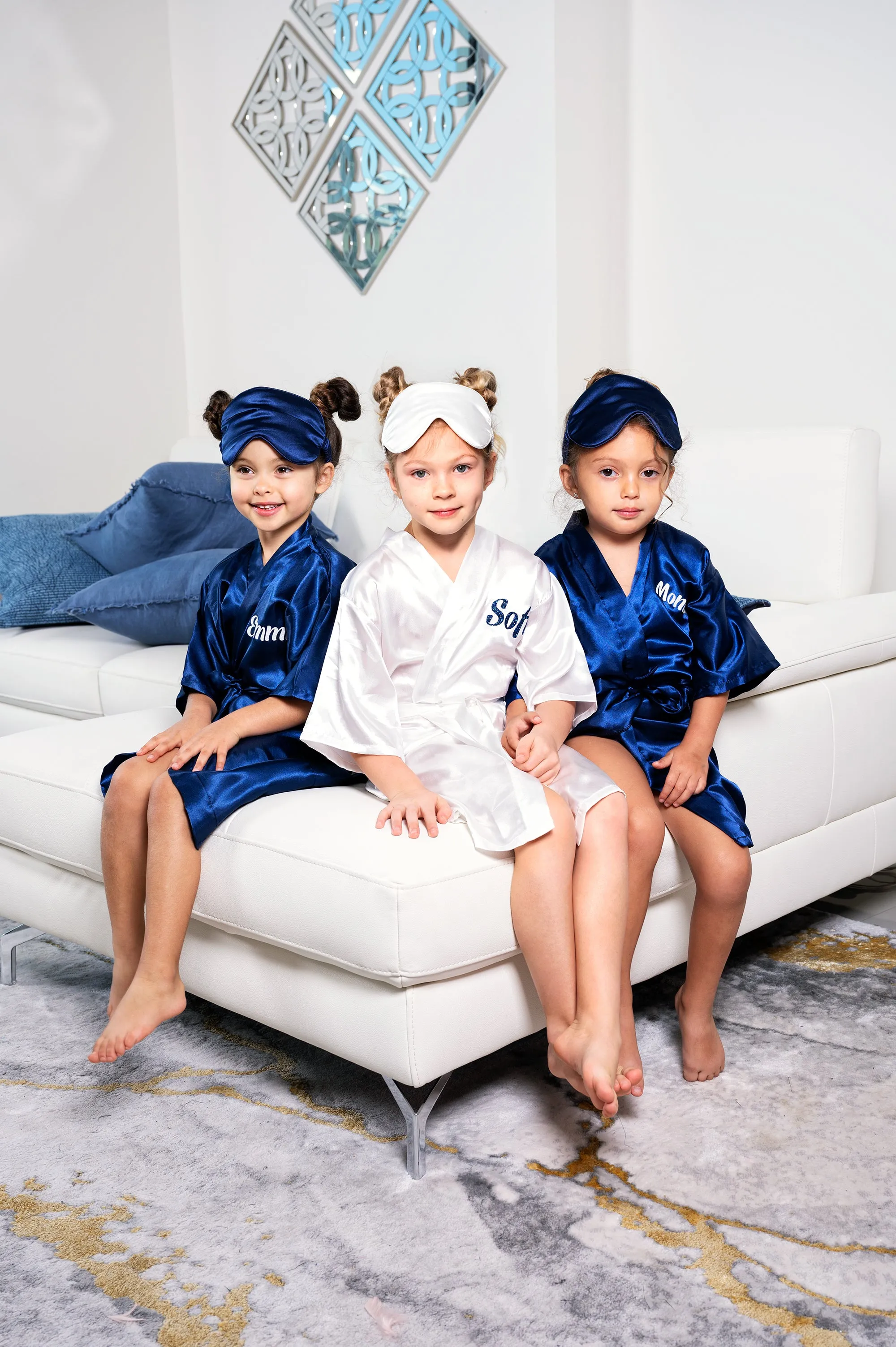 Kids Satin robes for Junior Bridesmaids, mini Bride and FLower Girls - Script Glitter arrow and heart
