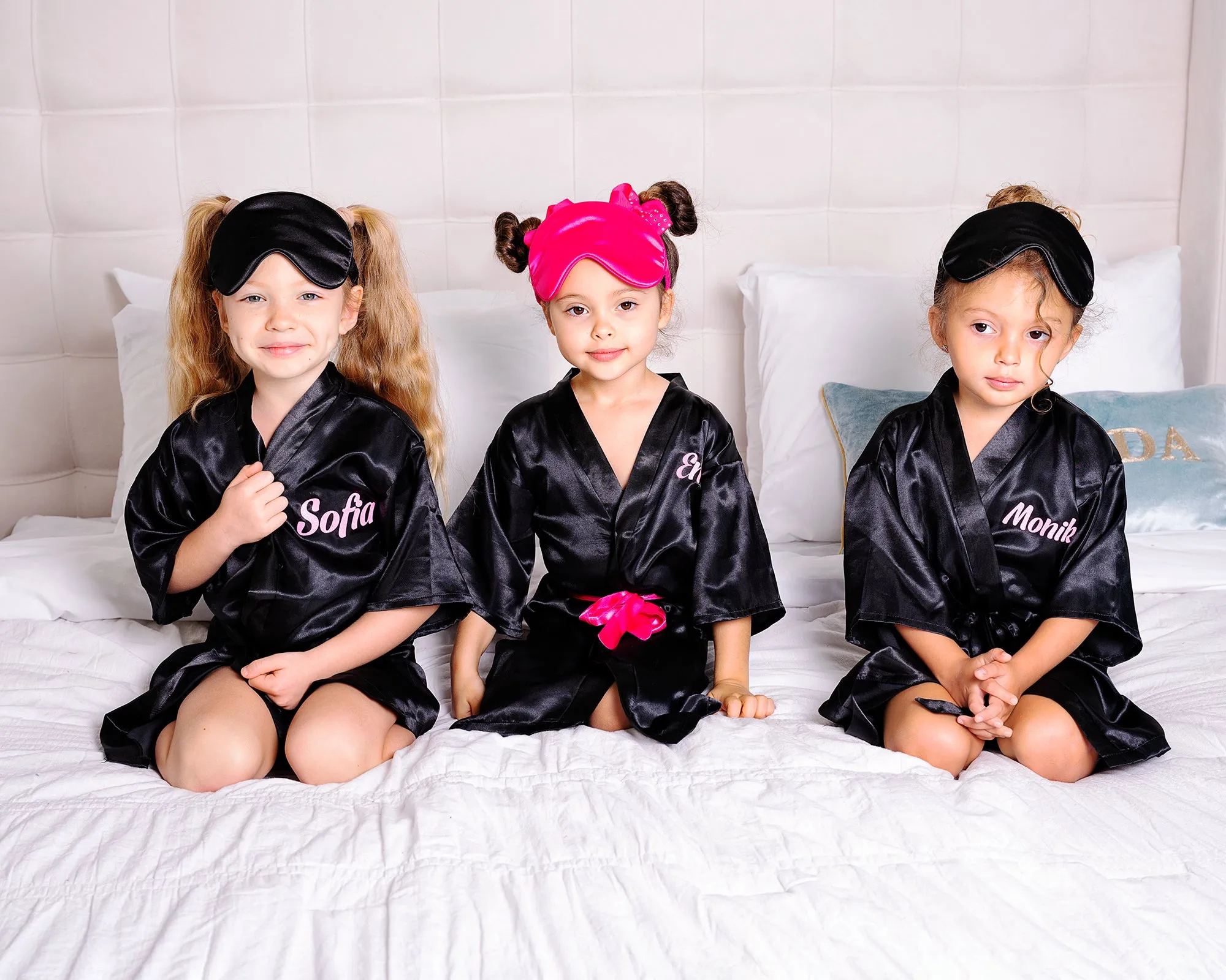 Kids Satin robes for Junior Bridesmaids, mini Bride and FLower Girls - Script Glitter arrow and heart