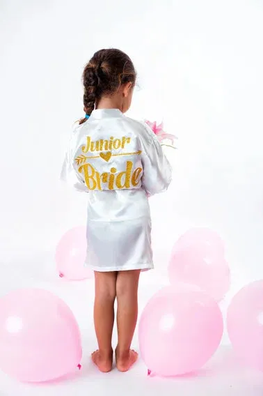 Kids Satin robes for Junior Bridesmaids, mini Bride and FLower Girls - Script Glitter arrow and heart