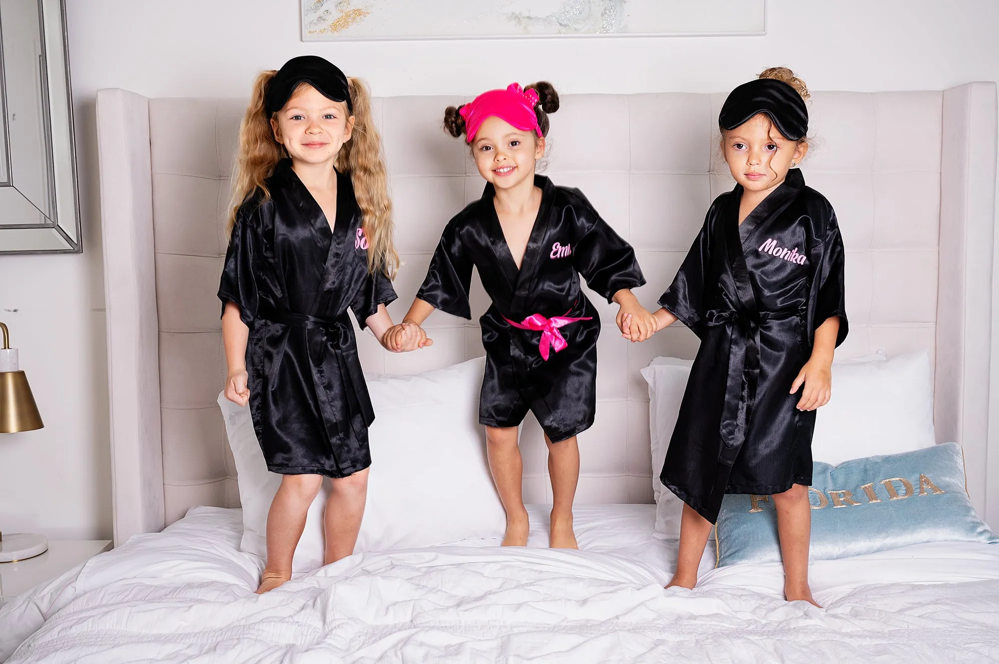 Kids Satin robes for Junior Bridesmaids, mini Bride and FLower Girls - Script Glitter arrow and heart