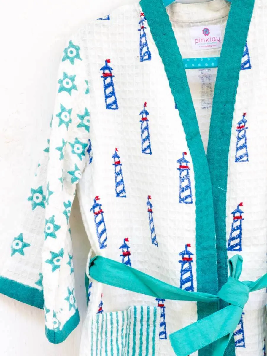 Lighthouse Magic Block Printed Waffle Cotton Bath Robe