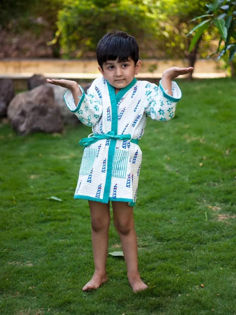 Lighthouse Magic Block Printed Waffle Cotton Bath Robe
