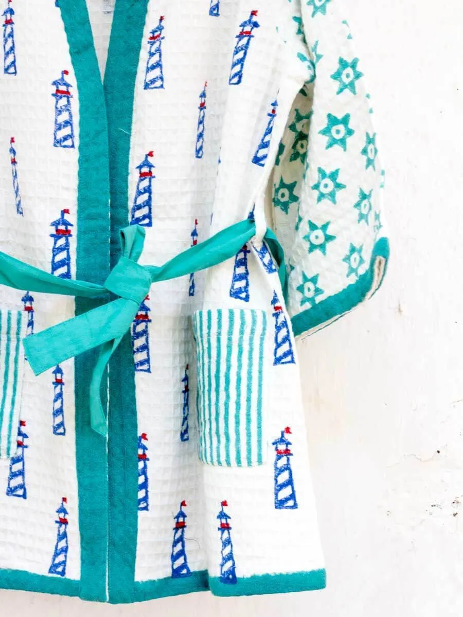 Lighthouse Magic Block Printed Waffle Cotton Bath Robe