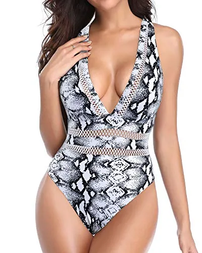 Long Torso Criss-Cross Back One Piece Swimsuits For Women-Black And White Snake Print