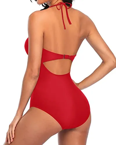 Mesh Waist Hollow Out Monokini Halter One Piece Swimsuits-Red