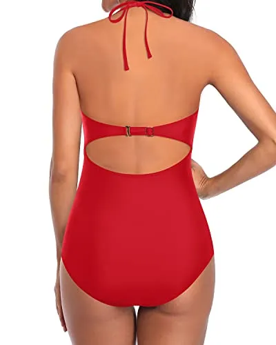 Mesh Waist Hollow Out Monokini Halter One Piece Swimsuits-Red