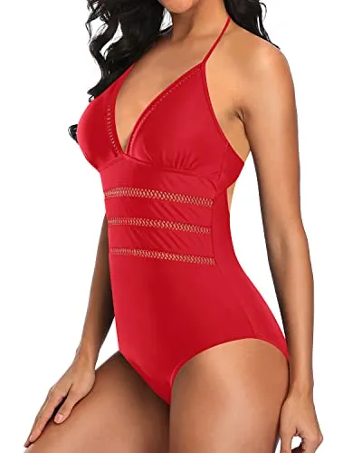Mesh Waist Hollow Out Monokini Halter One Piece Swimsuits-Red