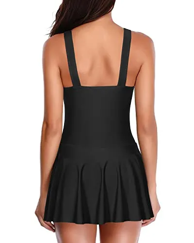 Modest Swimdress Built-In Bottom For Tummy Control-Black And Leopard