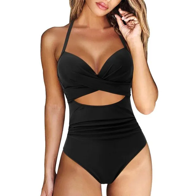 New One-Piece Swimsuit for Women | Hollow Design with Hard Cups and High-Waist Solid Color Swimwear