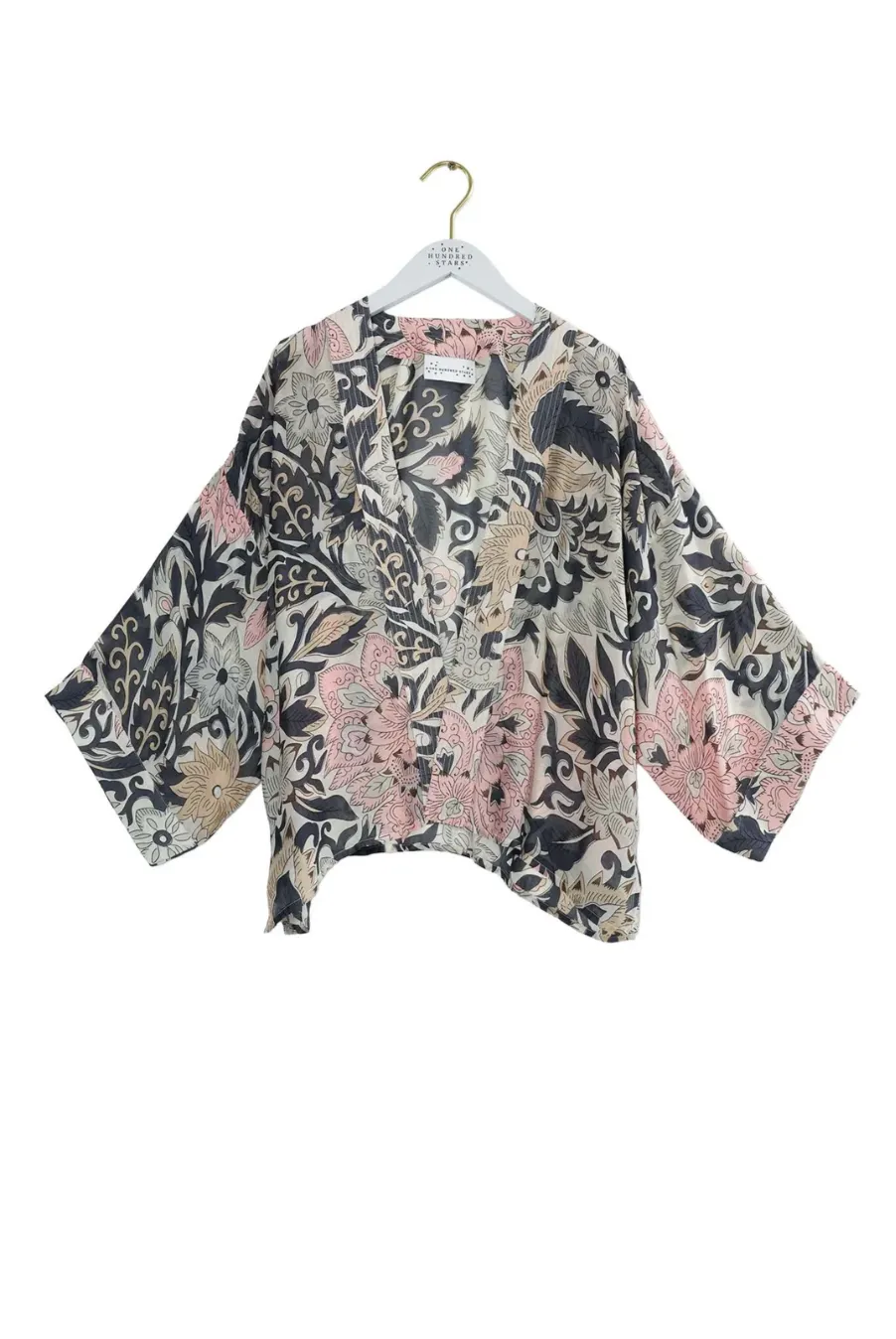 One Hundred Stars Short Lightweight Kimono in Taupe Block Print - KIMBLKTAU