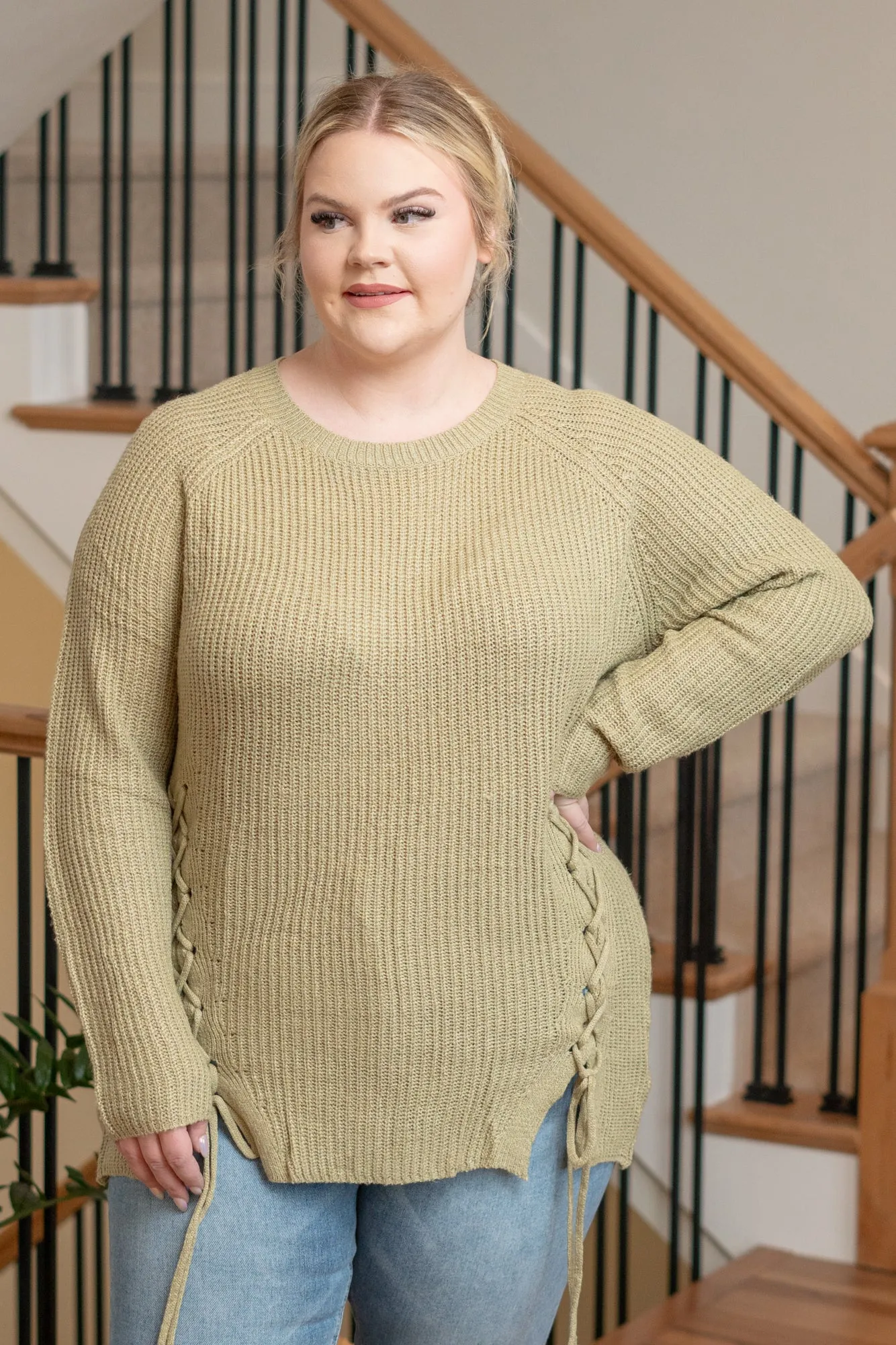 Plus Size Criss Cross Tie Knit Sweater - Sage