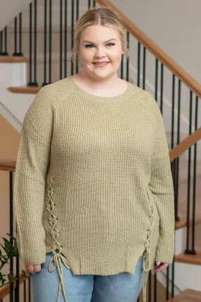Plus Size Criss Cross Tie Knit Sweater - Sage