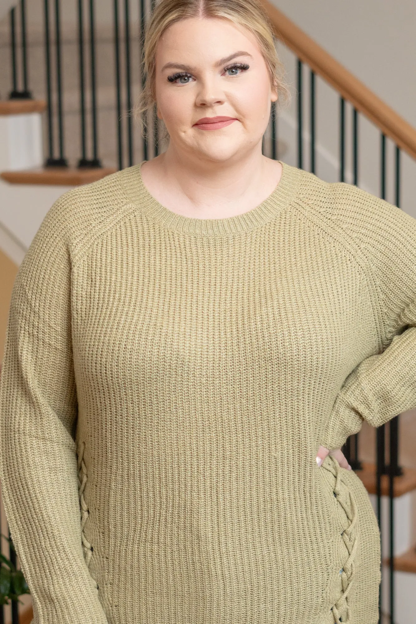 Plus Size Criss Cross Tie Knit Sweater - Sage