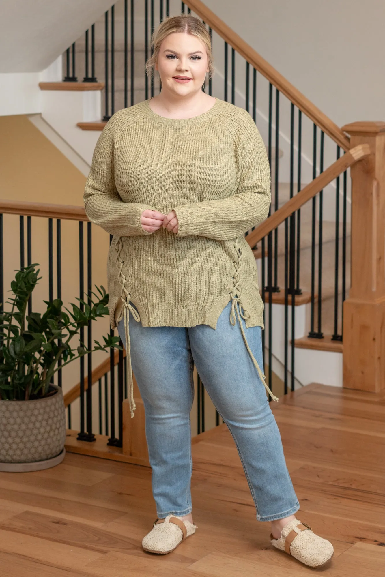 Plus Size Criss Cross Tie Knit Sweater - Sage