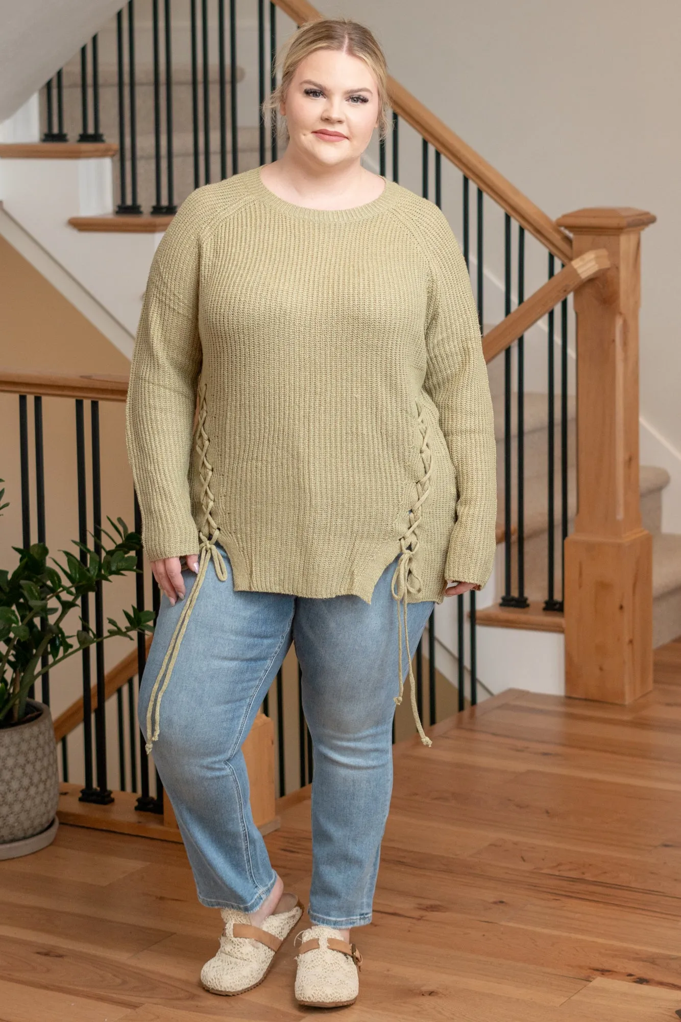 Plus Size Criss Cross Tie Knit Sweater - Sage