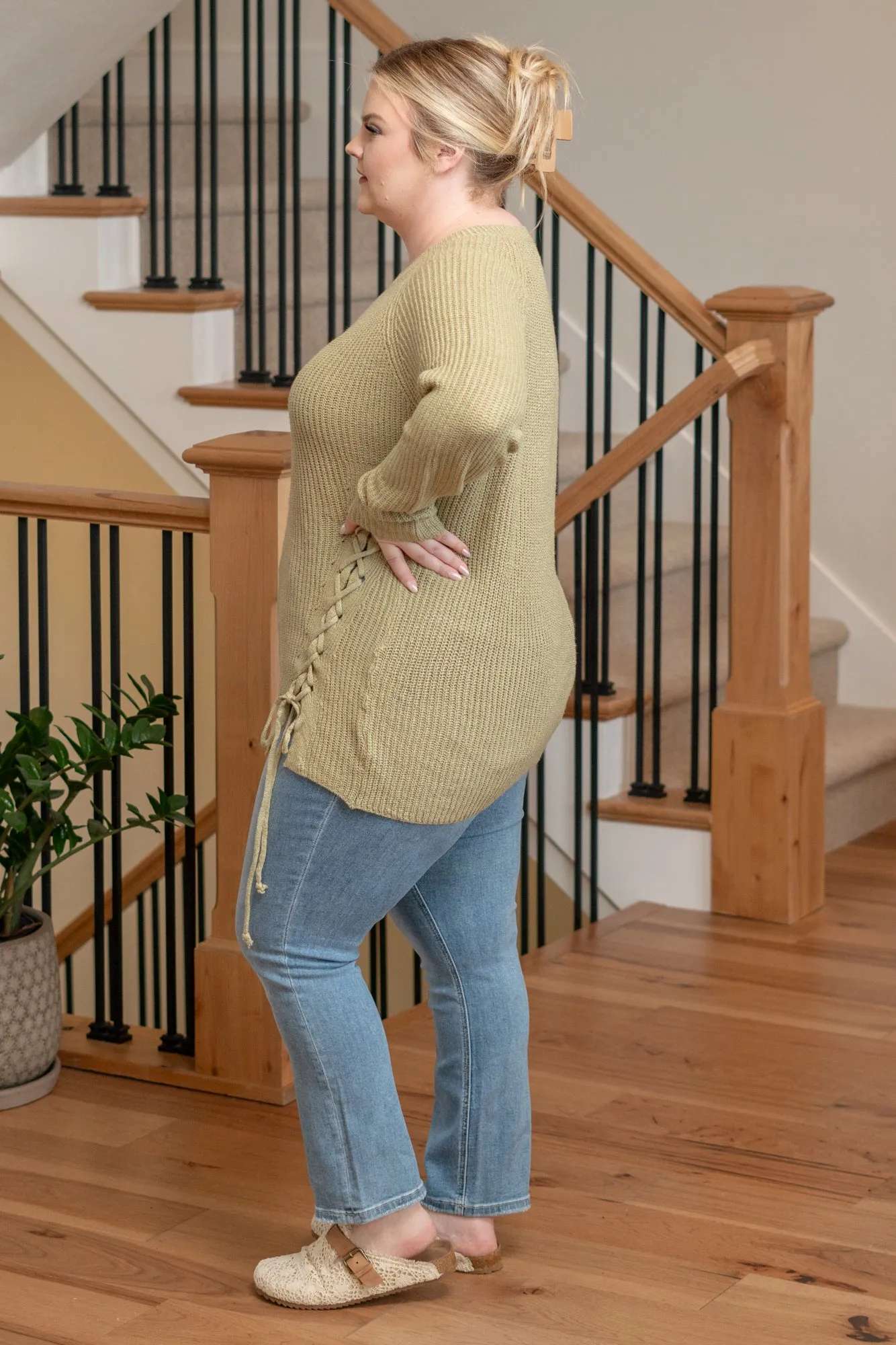 Plus Size Criss Cross Tie Knit Sweater - Sage
