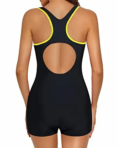 Racerback One Piece Swimsuit For Women With Boy Shorts-Black