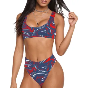 Red White and Blue Patriotic Oil Slick Sport Top & High-Waisted Bikini Swimsuit / Rave Set