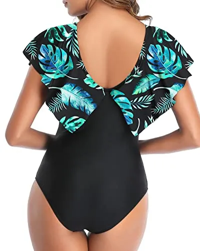 Removable Padded Push Up Ruffle Shoulders One Piece Swimsuit-Black And Green Leaves