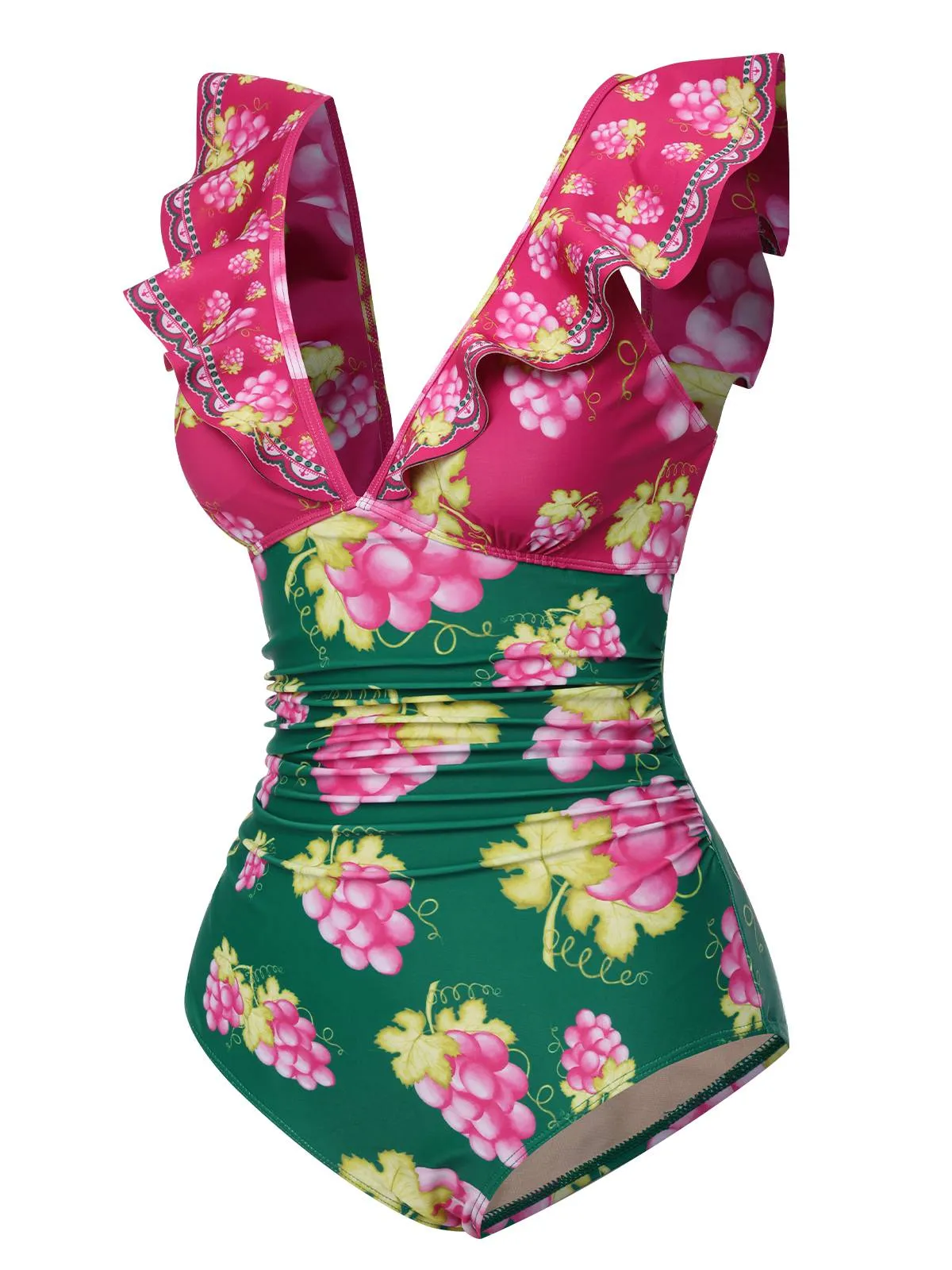 Retro 1950s Grape V-Neck Ruffle Sleeves Swimsuit