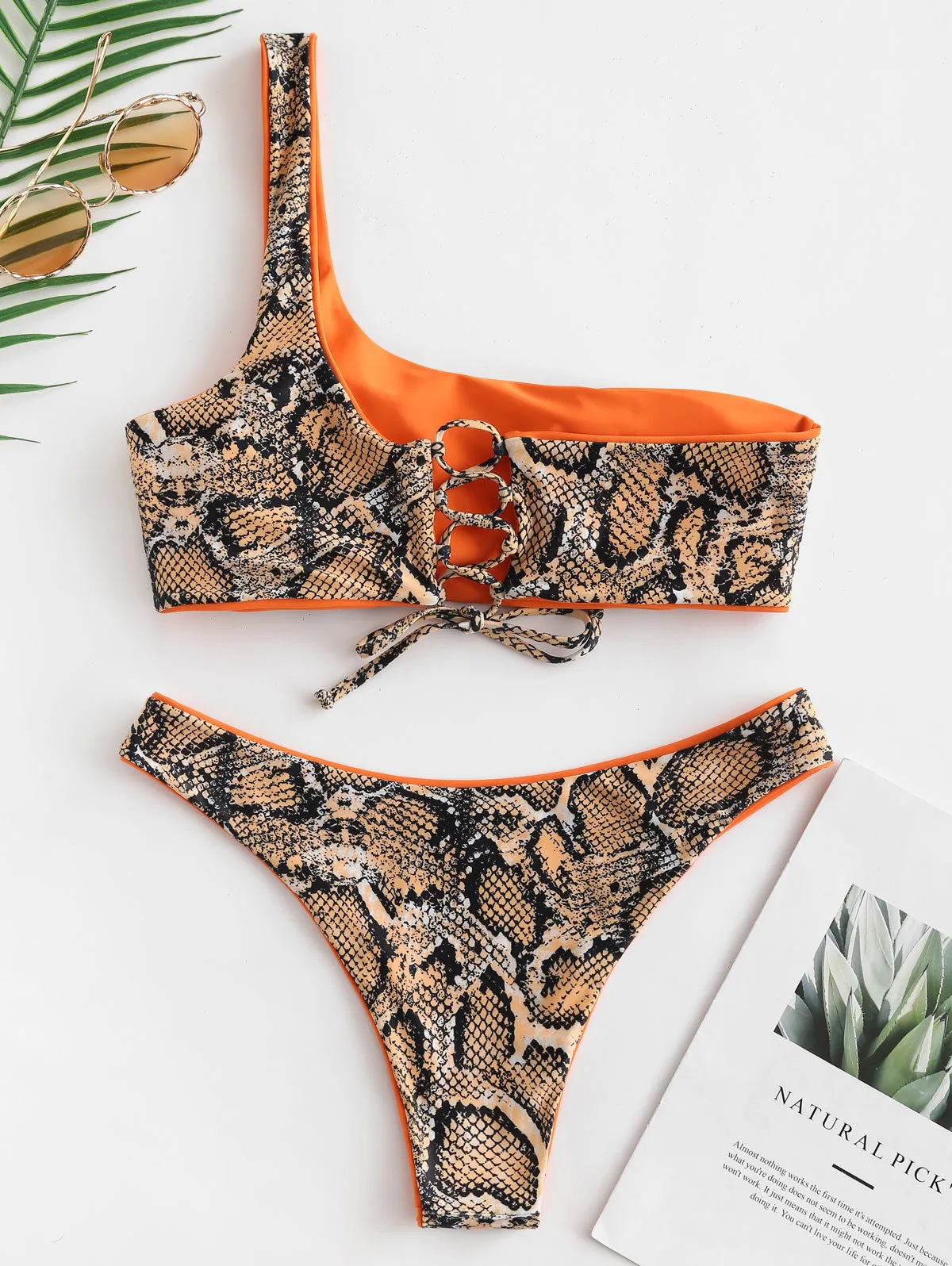 Reversible Snakeskin Orange One Shoulder Bikini Set