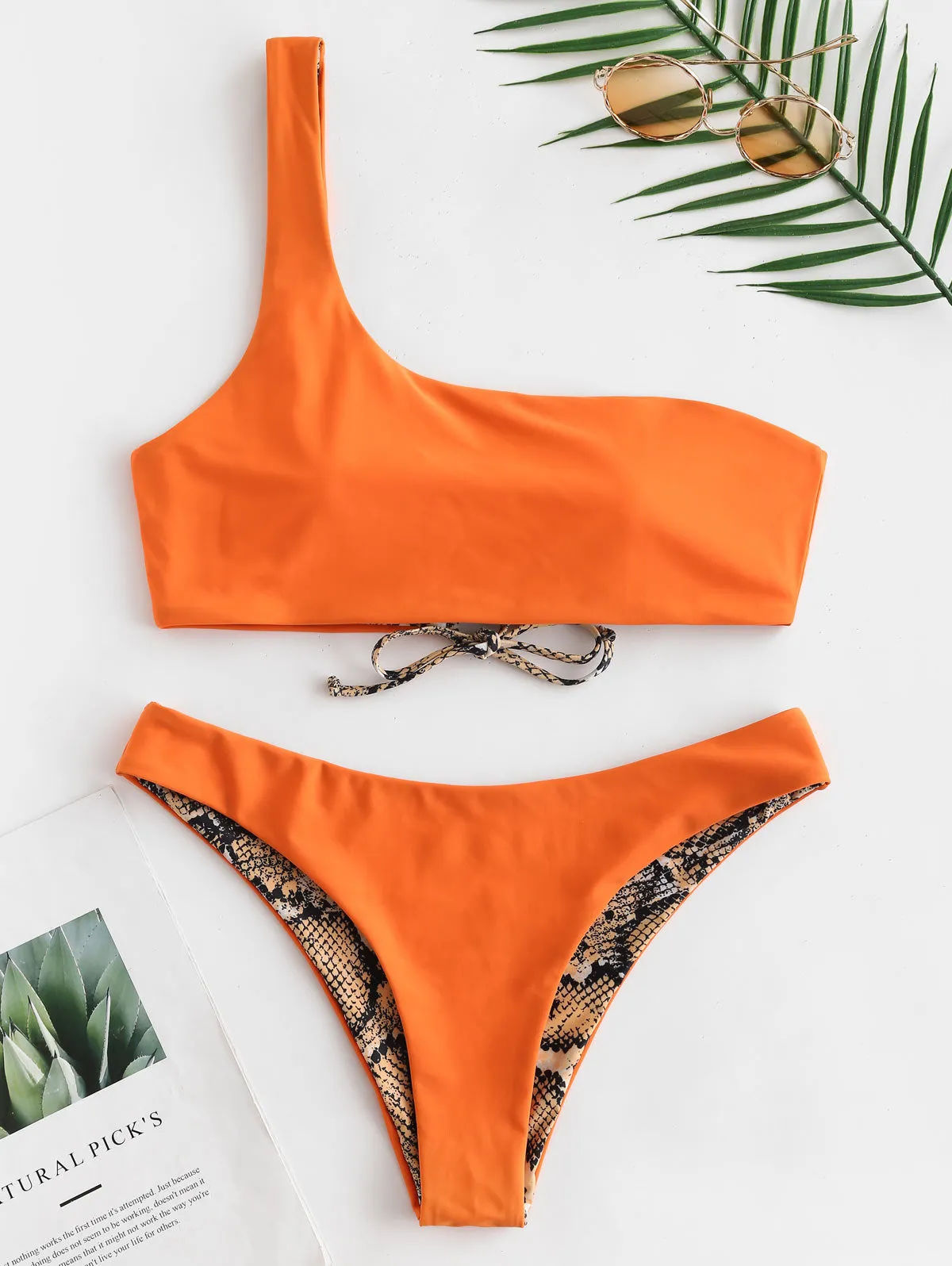 Reversible Snakeskin Orange One Shoulder Bikini Set