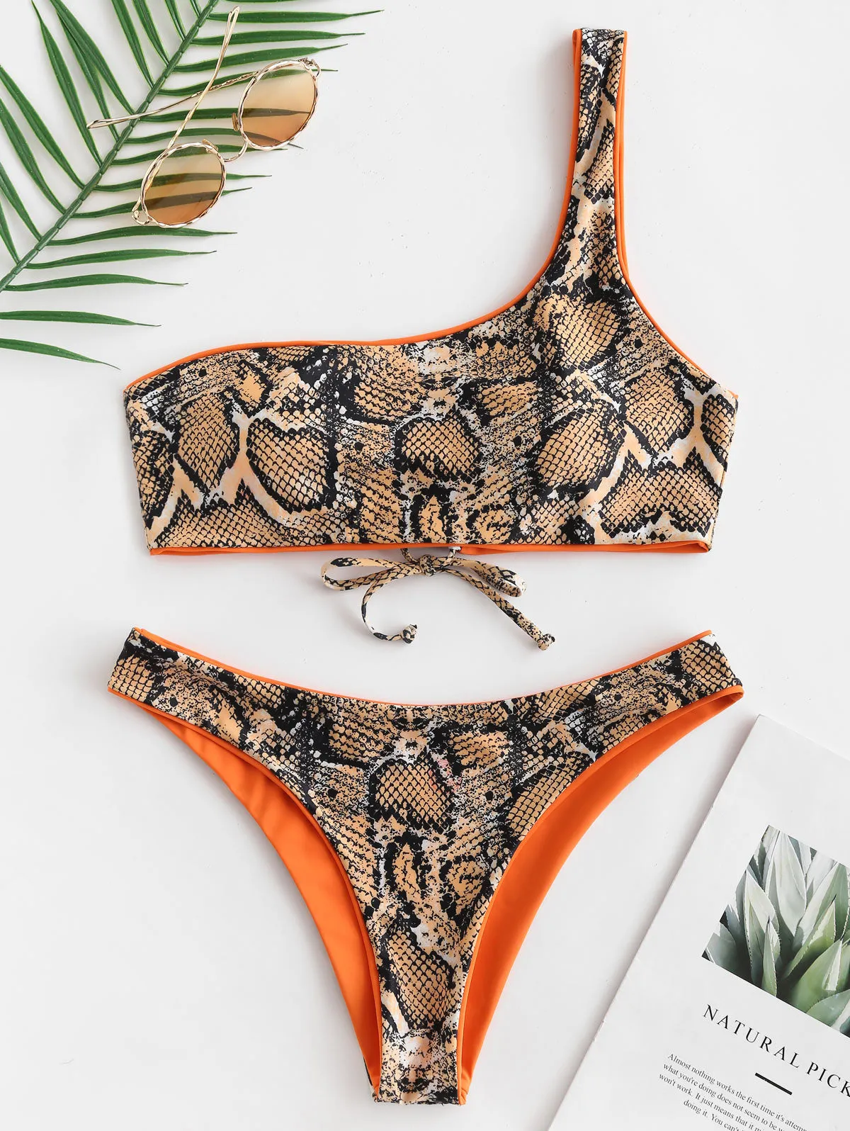 Reversible Snakeskin Orange One Shoulder Bikini Set