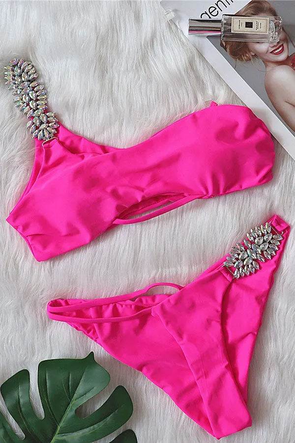 Rhinestone One Shoulder Romantic Bikini