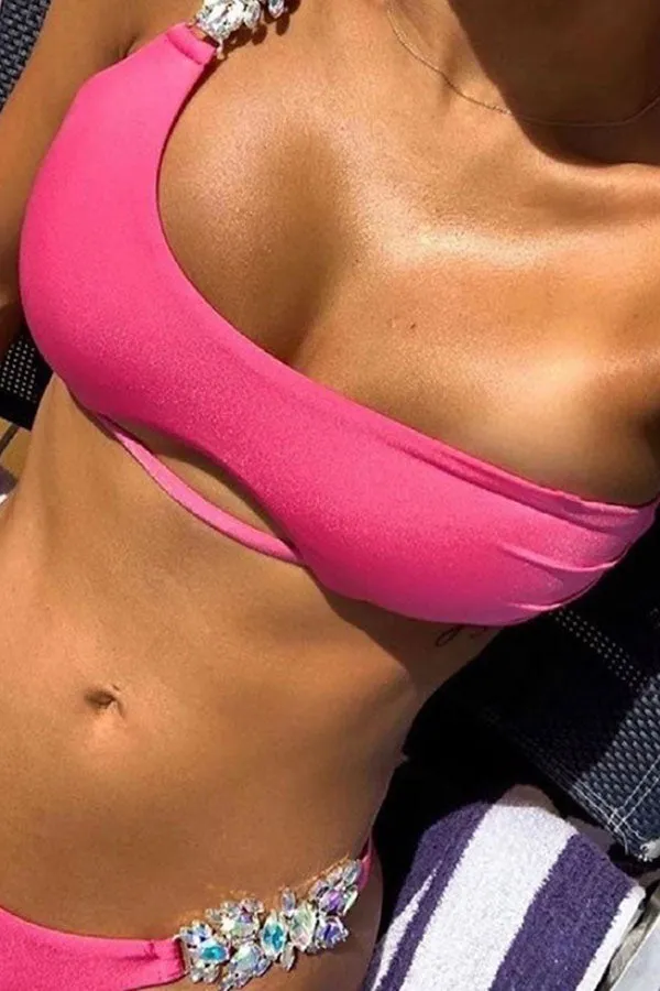 Rhinestone One Shoulder Romantic Bikini