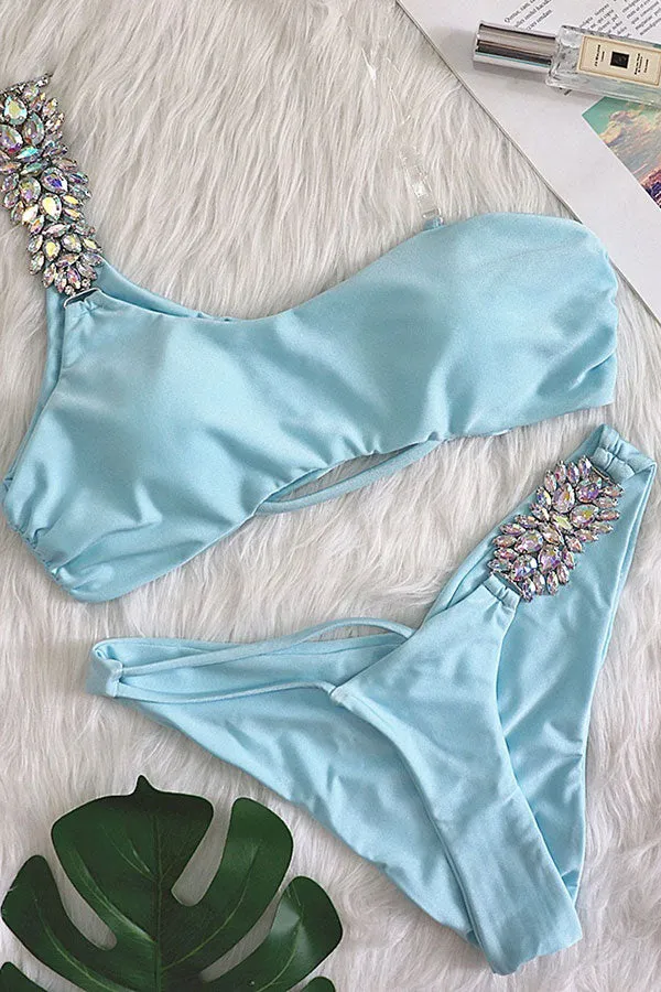 Rhinestone One Shoulder Romantic Bikini