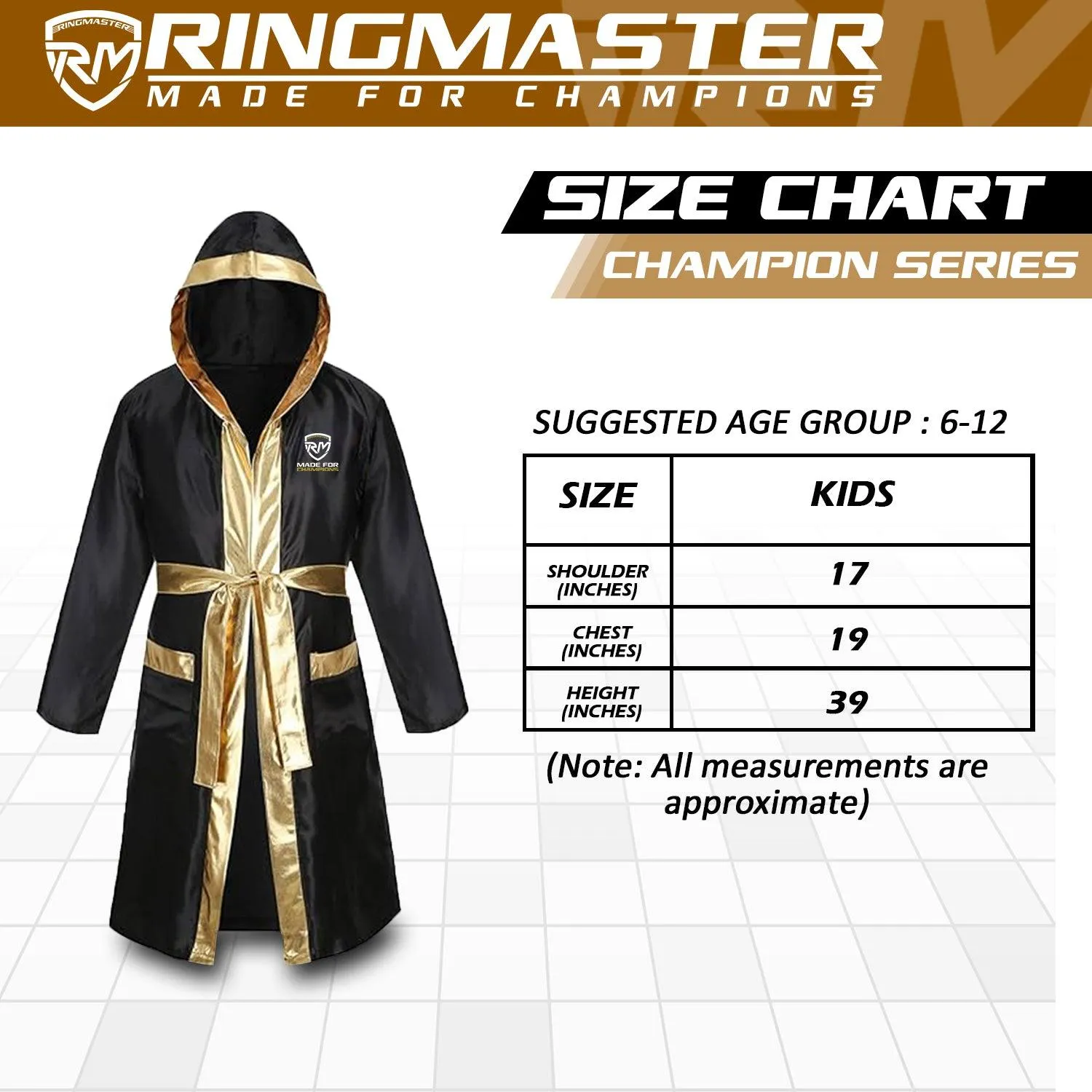 RingMaster Sports Champion Kids Fight Robe Black Gold
