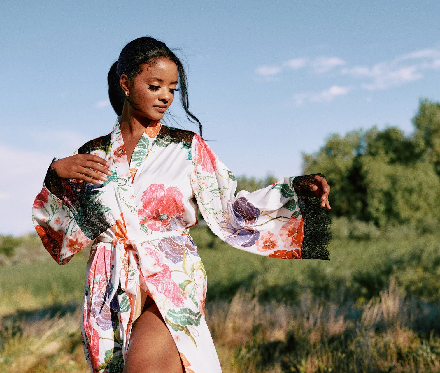 Satin Floral Embroidery Maxi Robe By Kilo Brava - M-XXXL