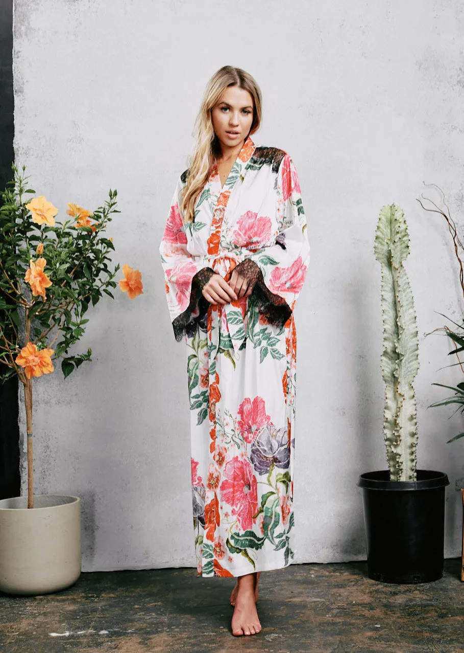 Satin Floral Embroidery Maxi Robe By Kilo Brava - M-XXXL