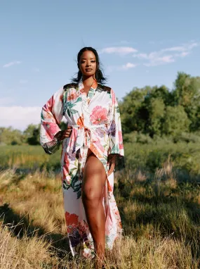Satin Floral Embroidery Maxi Robe By Kilo Brava - M-XXXL